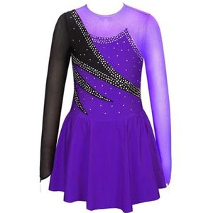NUOYIXUAN Kunstschaatsjurk met strass lange mouwen voor meisjes, patchwork, ballet, gymnastiek, dans, body, show-kleding voor kinderen (paars C, 16)