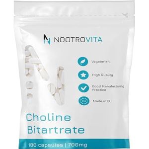 Choline hooggedoseerd 700 mg - 180 capsules | 6 maanden! | Voor leverfunctie, geheugen, hersenen en concentratie | Vegan choline bitarraat | Gemaakt in ISO-gecertificeerde bedrijven | Nootrovita