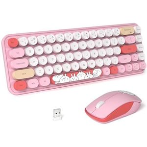 FOPETT Draadloos toetsenbord en muis schattige muis en toetsenbord 2.4G draadloze toetsenborden met kleurrijke 68 toetsen typemachine retro ronde keycap voor pc, laptop, tablet, computer Windows -