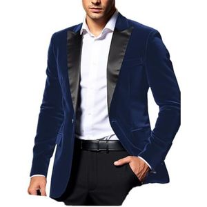 Fluwelen smoking blazer voor heren, slim fit, één knoop, satijnen revers, bruiloft, feest, geklede galajas, marineblauw, XS