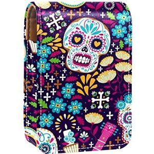 Schedel Paars Lipgloss Houder Lipstick Case Draagbare Mini Lipstick Opbergdoos Reizen Lipstick Organizer Case met Spiegel voor Vrouwen, Meerkleurig, 9.5x2x7 cm/3.7x0.8x2.7 in
