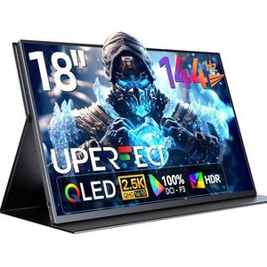 UPERFECT Draagbare Monitor QLED 18 Inch 2.5K 144Hz, 16:10, 100% DCI-P3 1500:1 500Nits Gaming Display 2560x1600 met HDMI & USB-C, Compatibel met Laptop/PC, VESA-compatibel