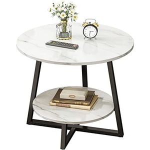 Salontafel Rond 2-laags Bijzettafel, Wit Marmeren Blad En Stevige Metalen Poten Modern Design Meubelen Met Opbergruimte Open Plank Banktafel Met Kruisvoet Voor Woonkamer (Color : Black frame, Size :