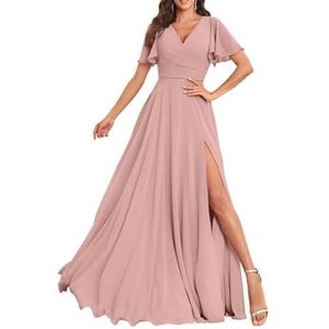 Chiffon bruidsmeisjesjurken voor dames, met split, lange baljurken, cocktailjurken, grote maten, Stoffige Roos, 32