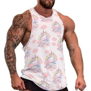 Eenhoorn op wolken heren tanktop grafische mouwloze bodybuilding T-shirts casual strand T-shirt grappig gym spier