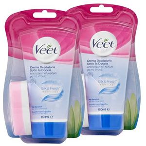 2 x VEET ontharingscrème voor onder de douche, Silk & Fresh-technologie voor de gevoelige huid, 2 flessen van elk 150 ml