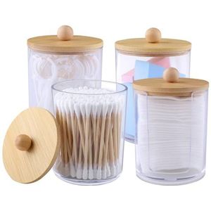Vexillic Wattenstaafjeshouder, 4 stuks wattenschijfdispenser, acryl, make-uptafel, organizer, Qtip-houder, dispenser met bamboe deksel voor wattenballen, wattenstaafjes, wattenschijfjes, tandzijde