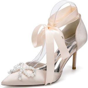EICOFF Dames Puntige Teen Parel Pumps Satijn Bruids Hoge Hakken Gesloten Teen Trouwschoenen Slip on Enkelband Party Jurk Schoenen,Champagne,35 EU