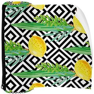 Potlood Case Pen Tas Houder met Rits Coin Organizer Tassen Make-up Cosmetische Pouch voor Vrouwen Tiener Meisjes Jongens Kinderen, Geel Citroen Groene Bladeren Zwart Geometrisch