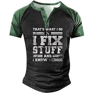 That's What I Do I Fix Stuff and I Know Things T-shirt Grappige Letter 3D Gedrukt Kleurblok Henley Shirt Korte Mouw Basic T-Shirt Tops Knoop Overhemden, # 2, 3XL