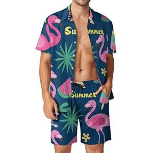 Tropisch blad flamingo-ijs voor heren, Hawaiiaanse bijpassende set, 2-delige outfits, button-down shirts en shorts voor strandvakantie