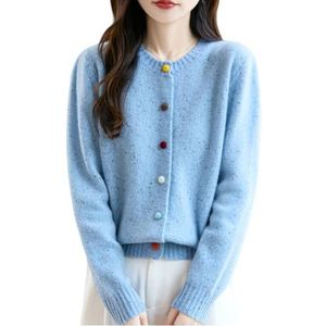 Dames Cardigan Warme Kasjmier Trui Met Knopen Elegante Effen Kleur Cardigans Winter Herfst Lange Mouw Ronde Hals Trui Slim Fit Gebreide Pullover(Blue,XL)