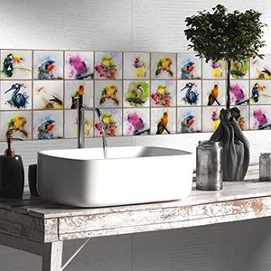 Tegelstickers Geel Roze Vogel Schil en Stok Behang Waterdicht Oliebestendig Stok op Tegels Zelfklevende Muurtegels Tegelstickers voor Keuken Badkamer Woondecoratie 10 Stks/15x15 cm