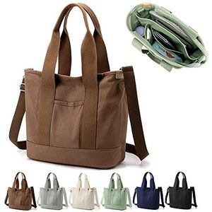 Yilcer Handtas met meerdere vakken, met rits, canvas, Japans, handgemaakt, crossbody, schoudertas, zakelijke handtas voor dames, tieners, meisjes, school, werk, reis, Large