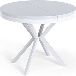 WFL GROUP Ronde uittrekbare eettafel - Loft Style tafel met witte metalen poten - 100 tot 180 cm - industriële vierkante tafel voor de woonkamer - compact - 100 cm - wit