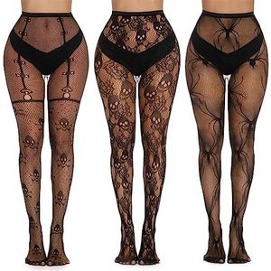 Yangshine 3 paar Halloween netkousen met schedel, spinnennet, hoge taille, mesh, panty, kousen, zwart, netpanty's voor vrouwen, Kleur#1, One size