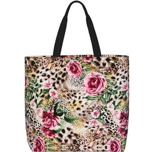 EdWal Pauw Patroon Print Lichtgewicht Reizen Tote Bag,Casual Schoudertas Shopper Handtas Werk Tote Bag, Dierentijger luipaardprint rozenbloem, Eén maat