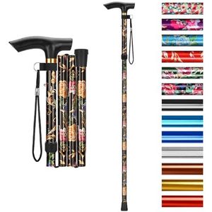 supregear Opvouwbare Wandelstok, Verstelbare Hoogte Uittrekbare Lichtgewicht Draagbaar Wandelstokken met Polsband en T-handvat voor Ouderen, Gehandicapten, Mannen en Vrouwen, Zwart Bloemen