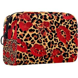 Cosmetische tas voor dames,kleine make-uptas voor portemonnee,Rode Lippen Leopard Patroon,Cosmetische reistas,make-uptasje