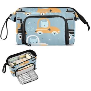 FRODOTGV Kawaii Animals Cars Blauwe Etui Grote Capaciteit Opbergtas met Compartiment Borstel en Etui voor College Student Middelbare School