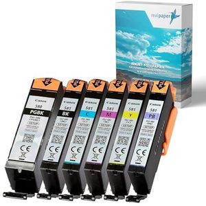 realpaper Set van 6 originele Canon Setup printercartridges PGI-580/CLI-581 met fotoblauw geschikt voor de printers Canon Pixma TS8250 TS8350 (a) TS8351 (a) TS9150 [+25 vellen fotopapier van het merk