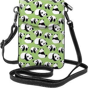 Groene Achtergrond Panda Lederen Cross Body Flip Telefoon Tas Met Afneembare Schouderbanden, Gebruikt Voor Reizen, Dating, Vakantie Geschenken, Zwart, Eén maat