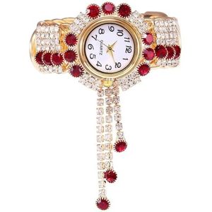 BOSREROY Trendy mode retro decoratief horloge: dames strass glitter vintage armband manchet klassiek metalen decoratie horloge, Rood & Golden176, One Size