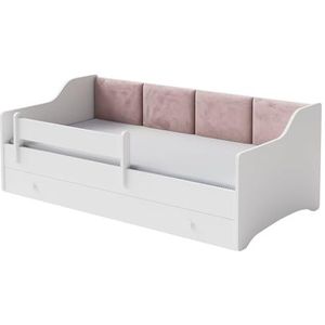 KOBI Kinderbed Eryk wit | 160x80 | gevoerde platen | lade, matras, reling | voor de kinderkamer | voor een meisje | voor een jongen (roze panelen)