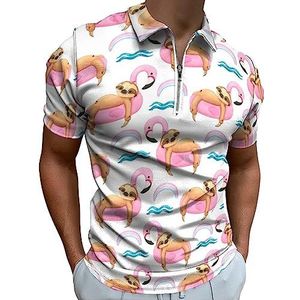 Aquarel Luiaard op Flamingo Float Polo Shirt voor Mannen Casual Rits Kraag T-shirts Golf Tops Slim Fit