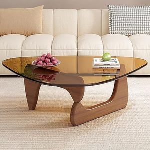 Driehoek glazen salontafel, moderne vintage bijzettafel, massief houten basis en helder glas top accent, voor woonkamer, terras