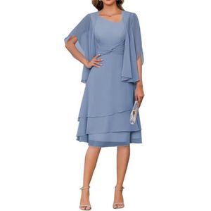 2 Stuks Moeder van de Bruid Jurk voor Bruiloft 3/4 Mouwen Chiffon Avond Prom Jassen met Jas, Staal Blauw, 32