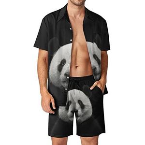 Panda Bear Face on Black Hawaiiaanse bijpassende set voor heren, 2-delige outfits, button-down shirts en shorts voor strandvakantie