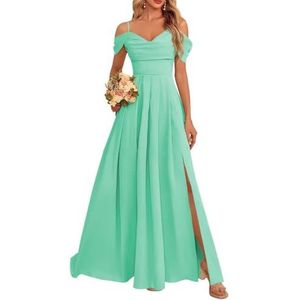 Dames chiffon bruidsmeisjes jurken met split lange galajurken ruches cocktailjurk plus size, Turkoois, 32