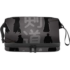 Multifunctionele opslag reizen cosmetische tas met handvat,Japanse zwarte Kendo Action Silhouette,Grote capaciteit reizen cosmetische tas, Meerkleurig, 27x15x14 cm/10.6x5.9x5.5 in