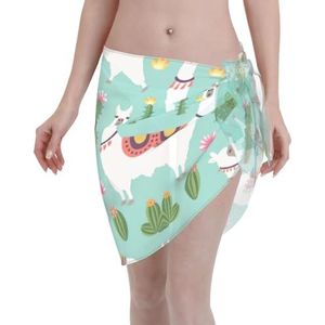 Tropische lama alpaca cactus bloemenprint elegante strandwrap, bikini cover-up, badmode jurk, voor vrouwen, perfect voor zwembad en resort zwart, Zwart, one size