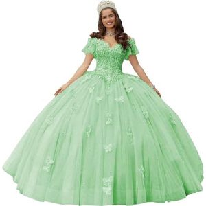 Fuomomo Quinceanera MT052 Jurk met vlinderapplicaties van kant, 3D, glanzend, baljurk, schoudervrij, voor snoep, 15 en 16, verjaardagsjurk van tule, Munt, 30 NL