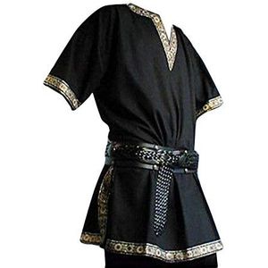 Middeleeuwse tuniek met korte mouwen voor heren, middeleeuwse tuniek, hemd, V-hals, zonder riempjes, pak, Zwart, 3XL