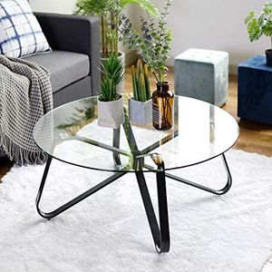 Ronde salontafel van gehard glas, Scandinavische minimalistische salontafel, moderne bijzettafel met ijzeren zwarte voet voor thuis, woonkamer, terras, tuin (80 cm x 80 cm x 40 cm)