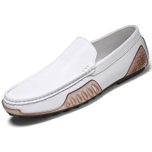 Loafers for heren, ronde neus, kunstleer, loafer in rijstijl, comfortabele antislip, flexibele instappers for buiten (Color : White, Size : 39 EU)