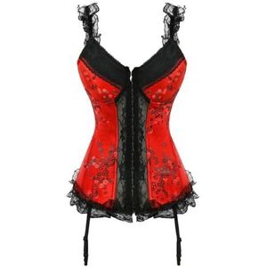 Steampunk Bandjes Overbuste Korset Met Cup Rits Sexy Jacquard Bloemen Corset Taille Cincher Bustier Lingerie Top Plus Size, 80053rood, S