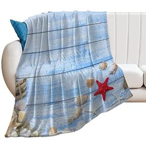 Blauw hout met schelpen, zeester en zand zachte fleece deken voor bed sofa gezellige decoratieve dekens winter 100 x 127 cm