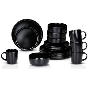 alpina 16-delig tafelservies – serviesset voor 4 personen – servies van aardewerk – ontbijtborden, dinerborden, kommen en kopjes – zwart