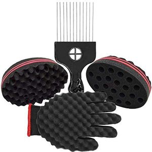 4pack Haar Spons Set - Magische Haar Twist Spons Borstel Voor Haar Inclusief 1 Metalen Haar Pick & Curl Spons Handschoen (Rechts) Haar Sponzen Voor zwarte mannen krullen Twist Curl Dreads Vergrendeling Afros Coils