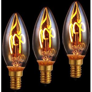 Proventa 3x Edison LED-filament-kaars, dimbaar, E14, 3 watt, enkele spiraal, 1.800 K, barnsteen, vorm C35, LED-lampen, decoratieve lamp, vintage, retro