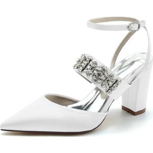 GHSIRUEU Slingback Strass Hakken Voor Dames Gesloten Pompen Met Puntige Neus Enkelbandje Satijnen Trouwjurk Schoenen,Wit,36 EU