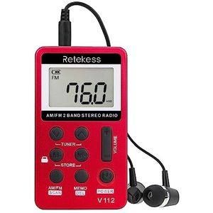 Retekess V112 Mini Radio Draagbare FM AM Radio Zakradio met Koptelefoon Sleeptimer Oplaadbare Batterij(Rood)