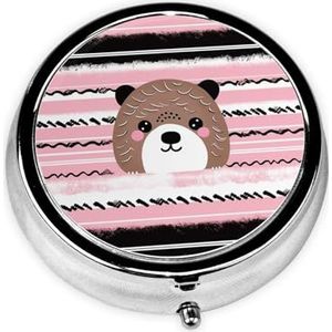 Pillendoos Beer Roze en Zwarte Strepen Ronde Pil Case 3 Compartiment Geneeskunde Pil Organizer Leuke Pil Organizer Draagbare Reizen Pillendoos Vitamine Kabeljauw Leverolie Opbergdoos Unieke Gift