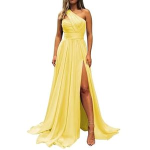 Chiffon bruidsmeisjesjurken voor dames, voor bruiloft, ruches galajurken, plooien, cocktailjurken, grote maten, Geel, 32