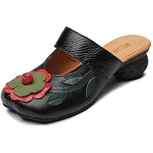 Popoti Zomersandalen voor dames, sleehak, pantoffels van leer, mocassins, pompen, bloem, flip flops met hak, Zwart 2, 39 EU, sandalen