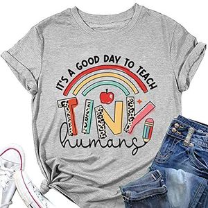 It's A Good Day to Teach Tiny Humans T-Shirt Vrouwen Zomer Leuke Regenboog Apple Potlood Print Tees Leraren Dag Gift Tops, Grijs, XL